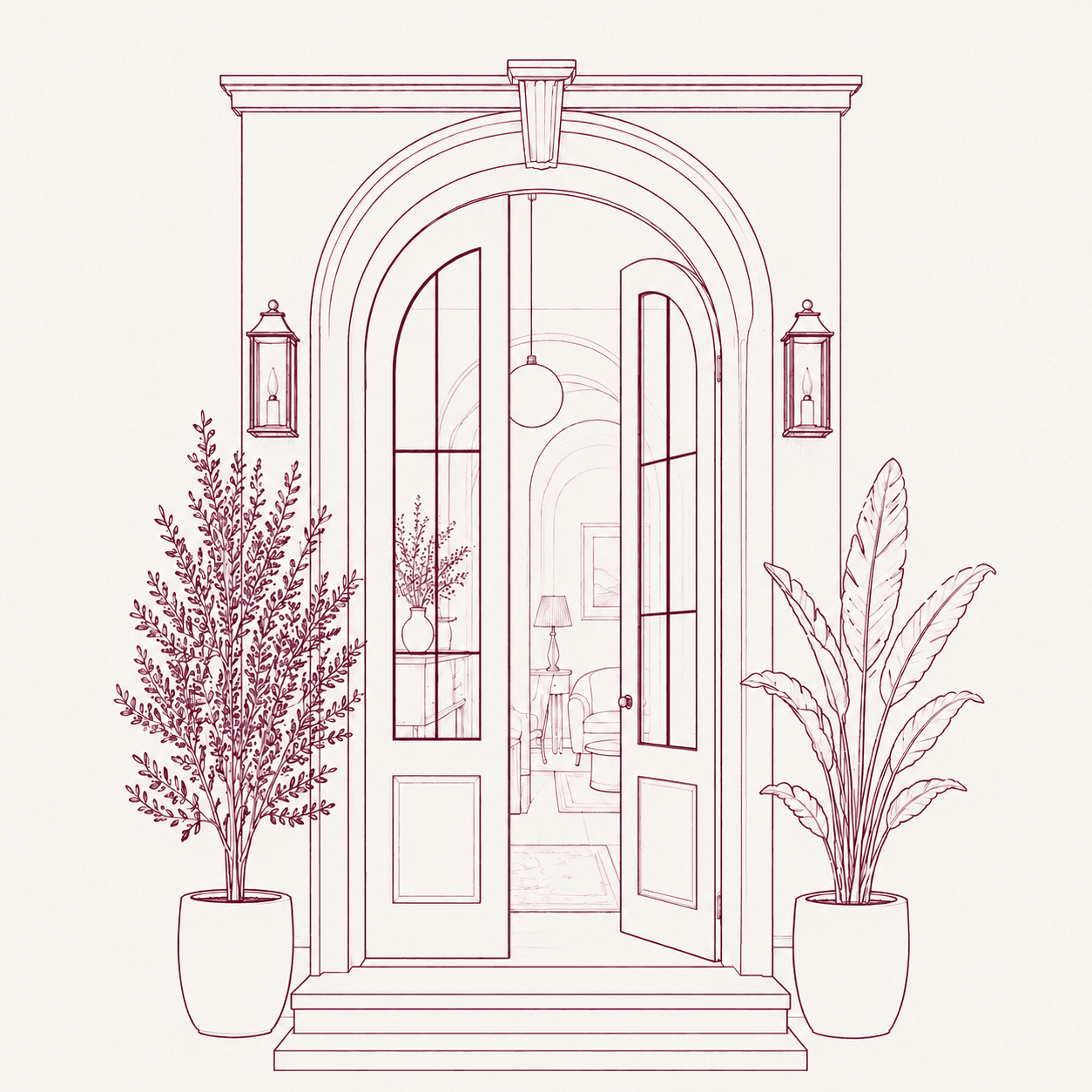 Illustrazione dell’ingresso di The Bold House con le porte aperte